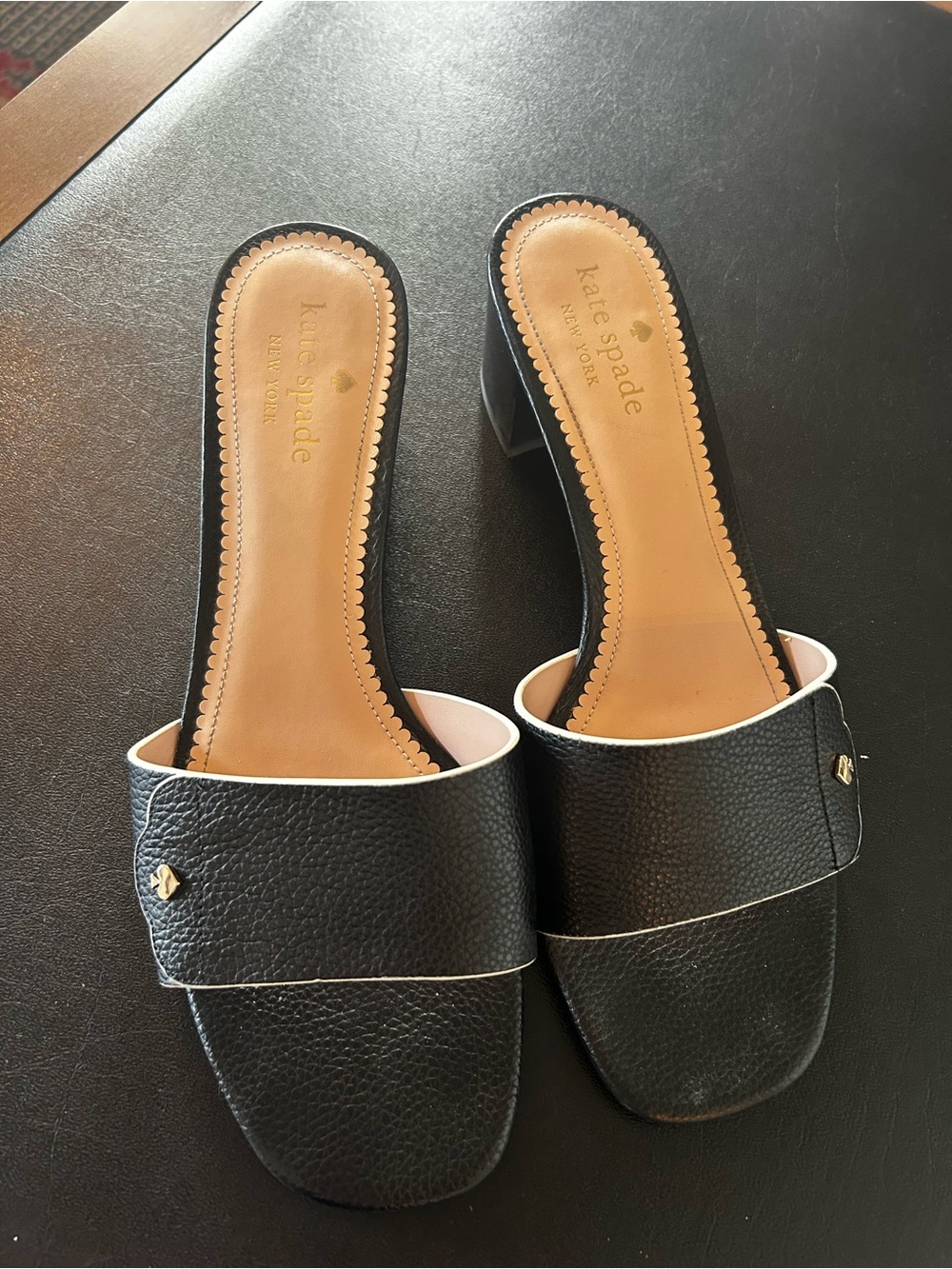kate spade Black Leather Slide Mules with Gold Accent